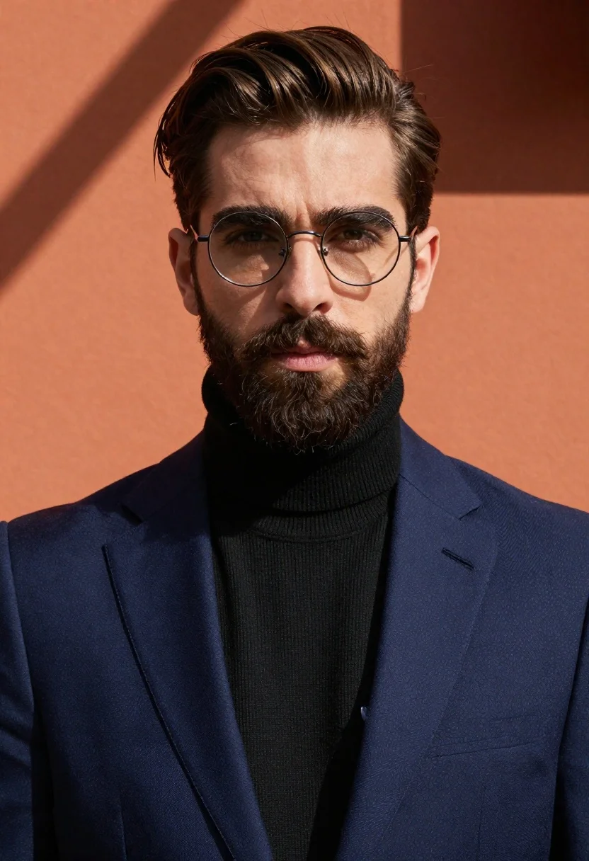 High-fashion Portrait Stylish Man With Dark Hair And Beard Wearing reference photo
