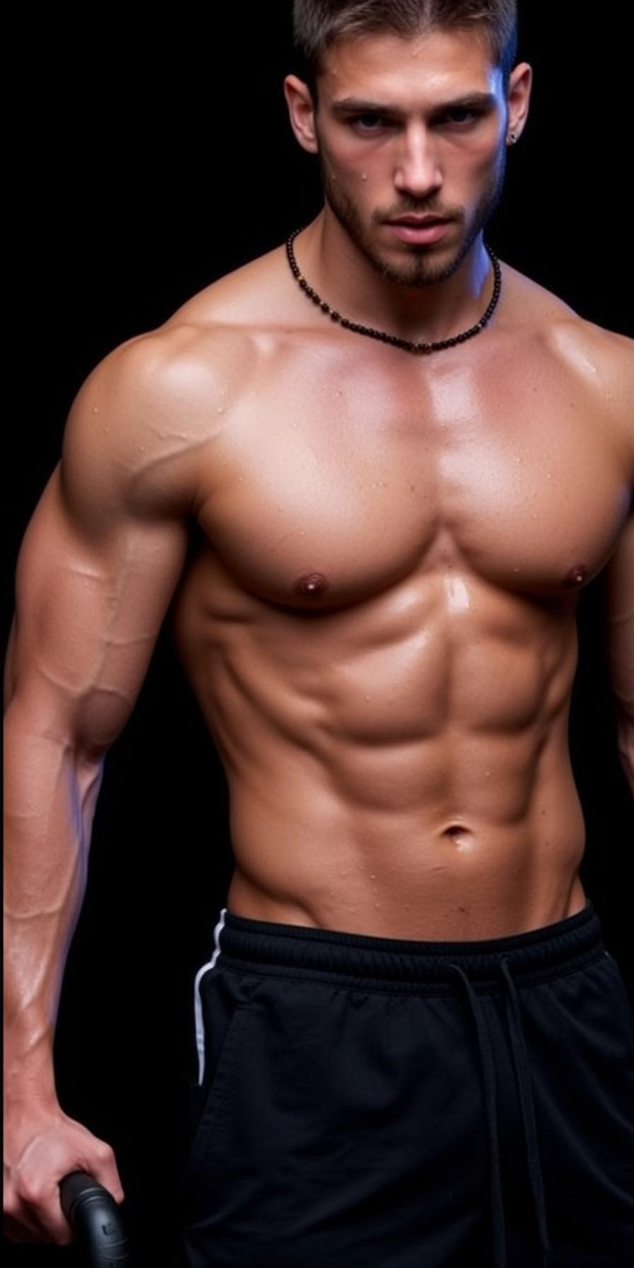 Muscular Short Brown Hair Tan Skin Sweat