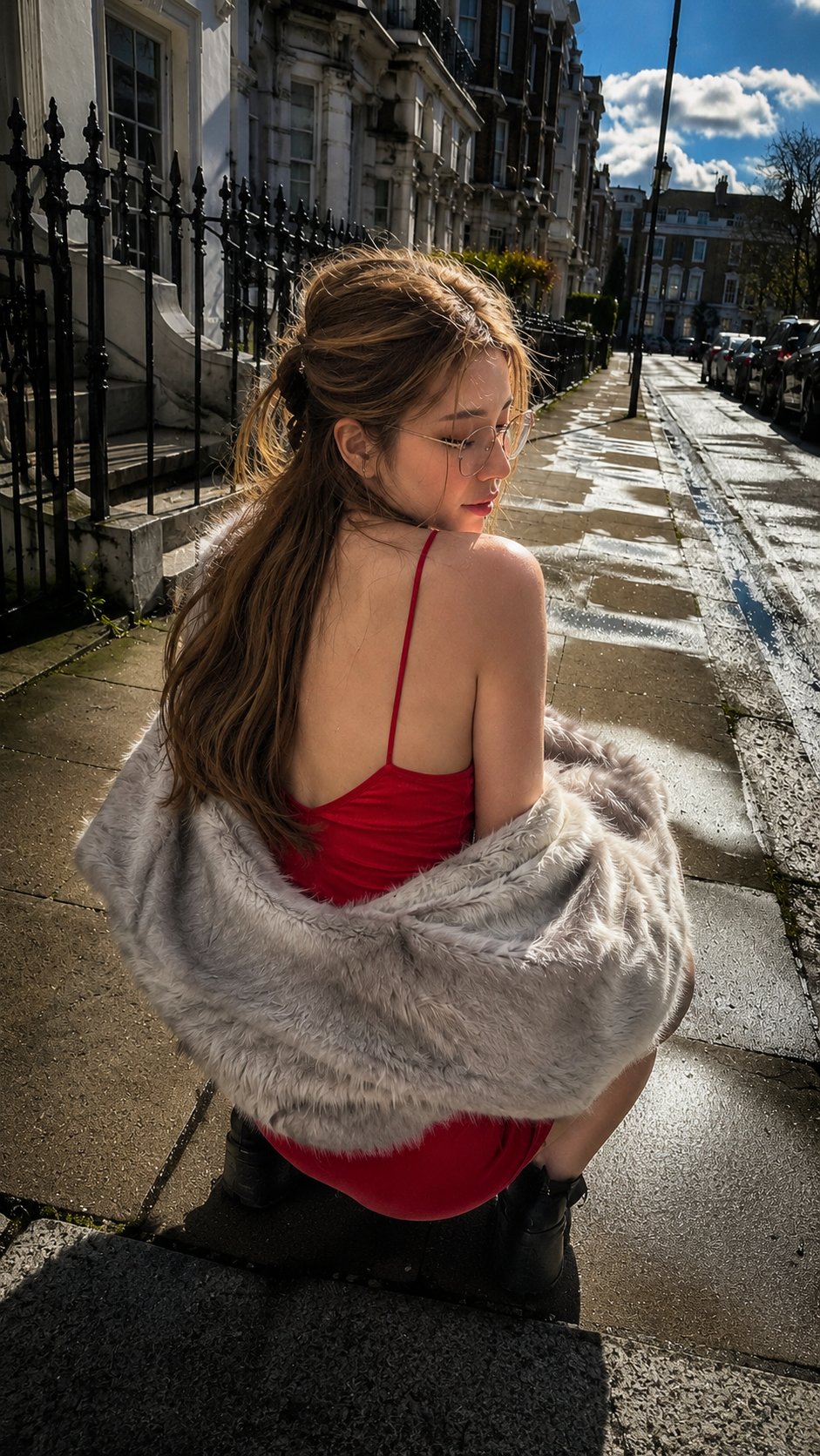 Red Slip Dress Fur Stole Ornate Buildings Cobblestone Street
