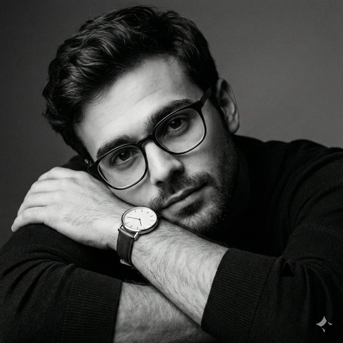 A monochrome fine art portrait of a young man with a calm expression, direct eye contact, resting his head on crossed forearms, amidst soft studio lighting.