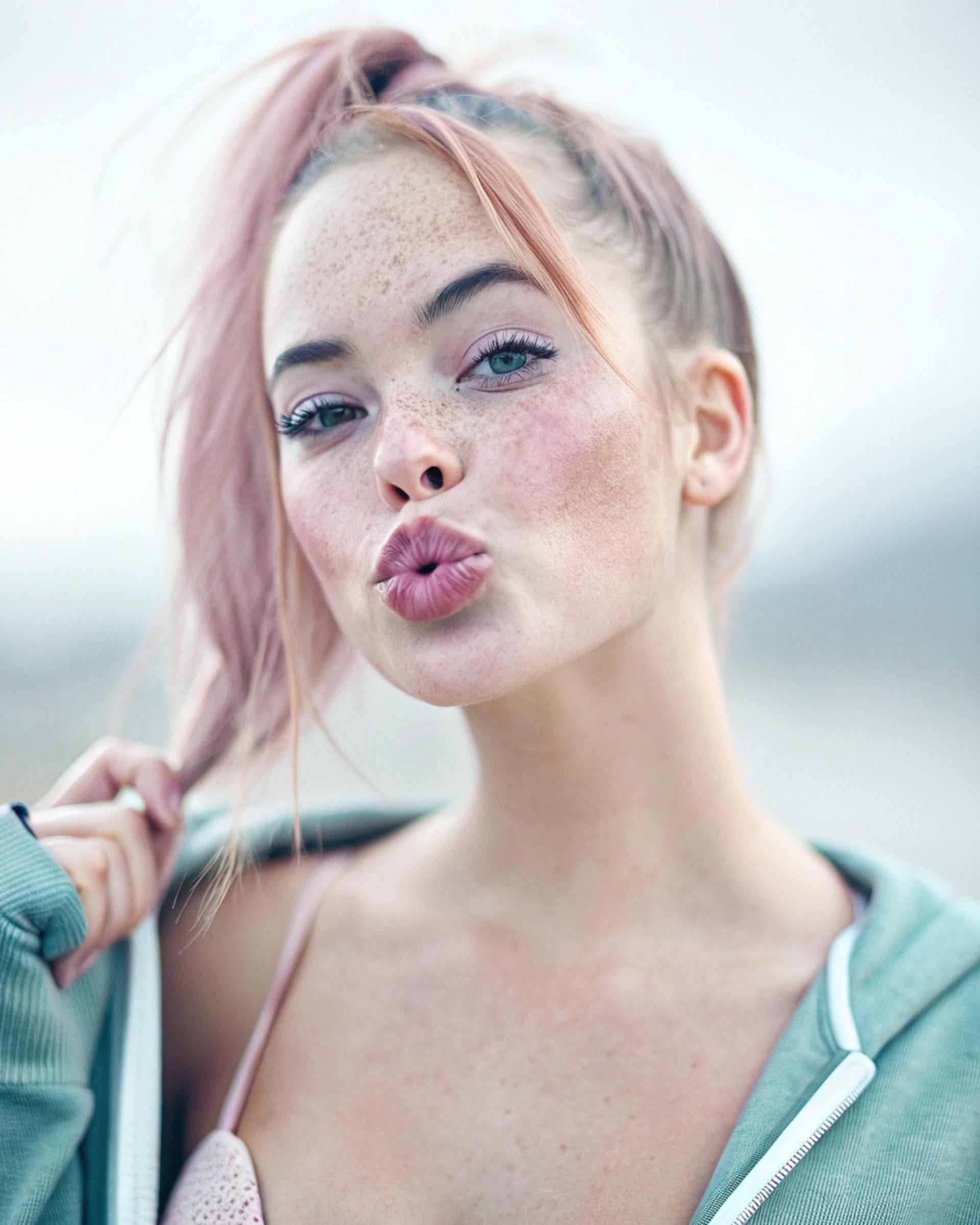 Pink Hair Pouting Overcast Outdoor