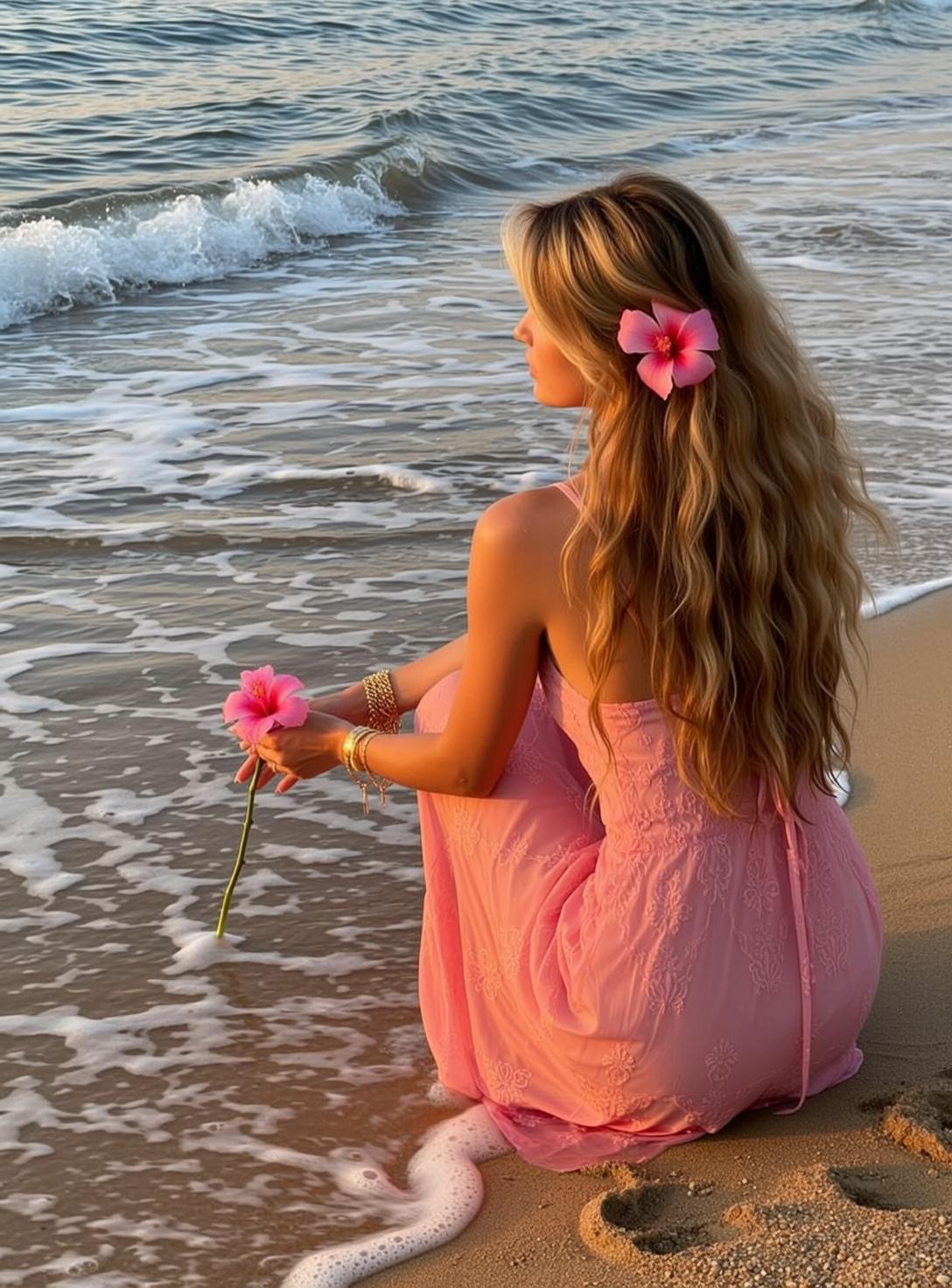 Pink Dress Beach Flower Pose