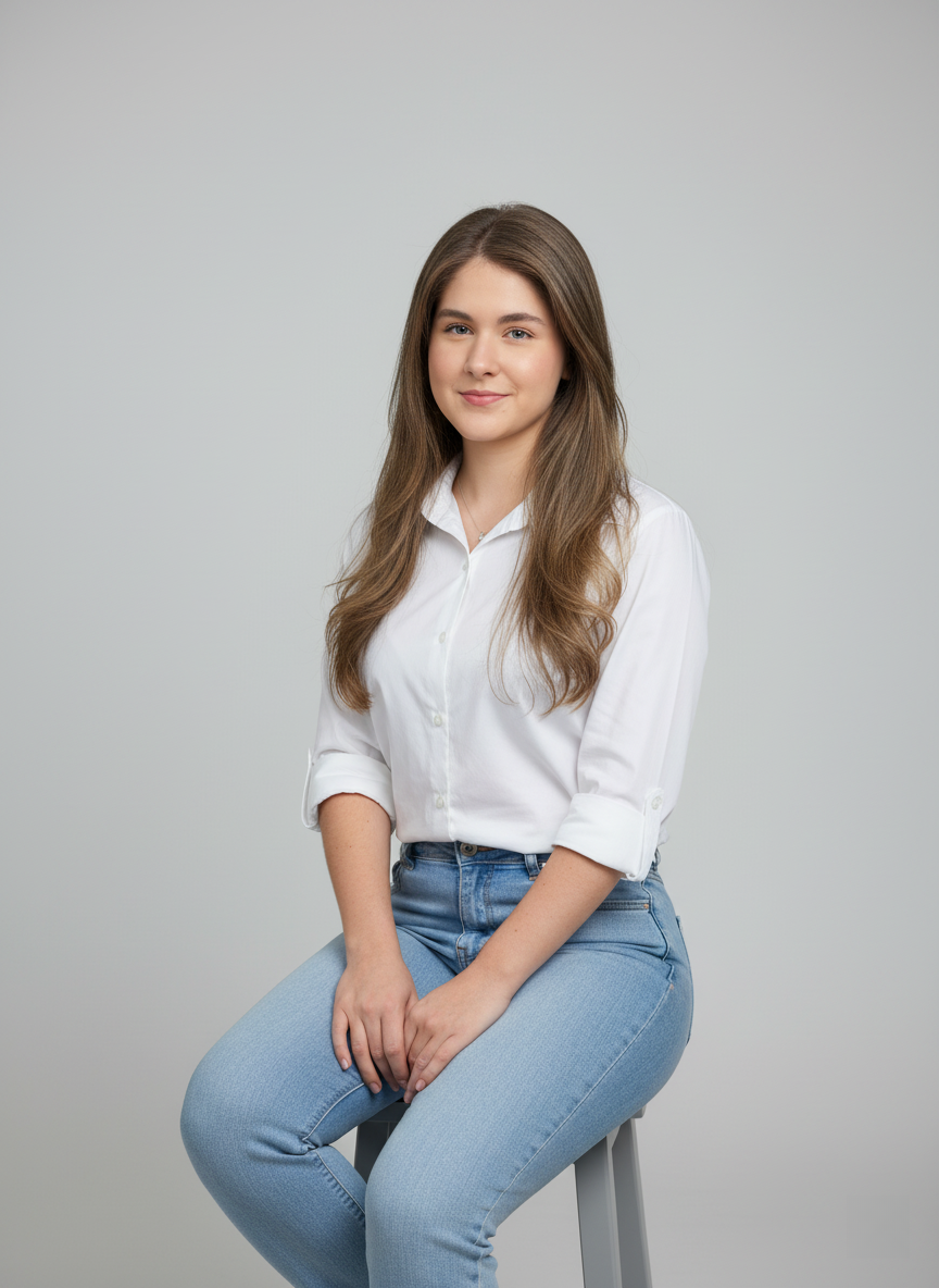 A studio portrait of a person sitting with hands on lap, smiling softly. Dressed in a rolled-up white shirt and light blue jeans, against a light gray background.