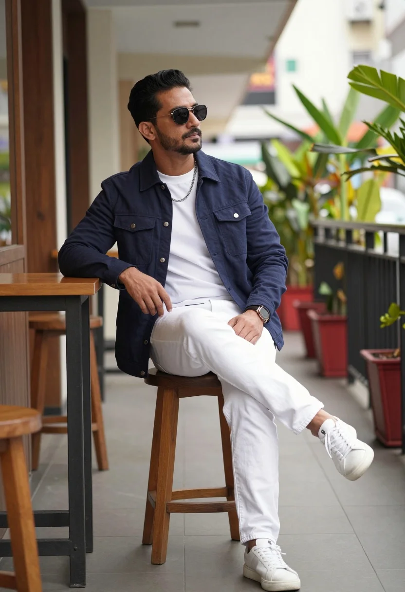 Stylish Man Sits Casually Wooden Stool Indoor Corridor Lined With