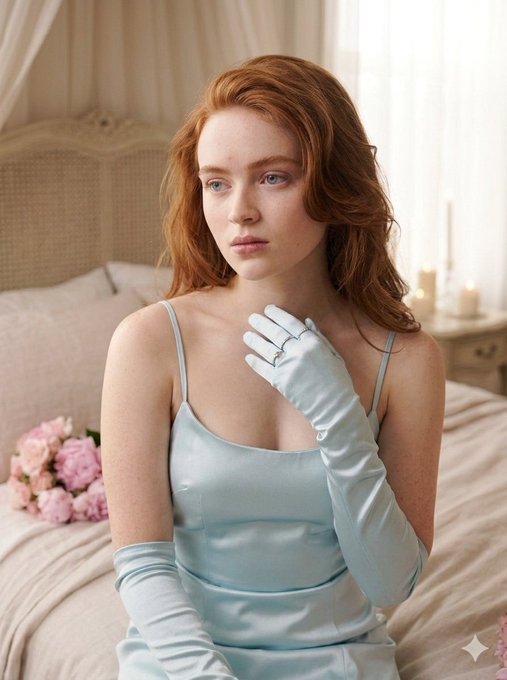 A woman in a pale blue satin slip dress seated on a beige linen bed, surrounded by candles and pink peonies in a luxurious bedroom.