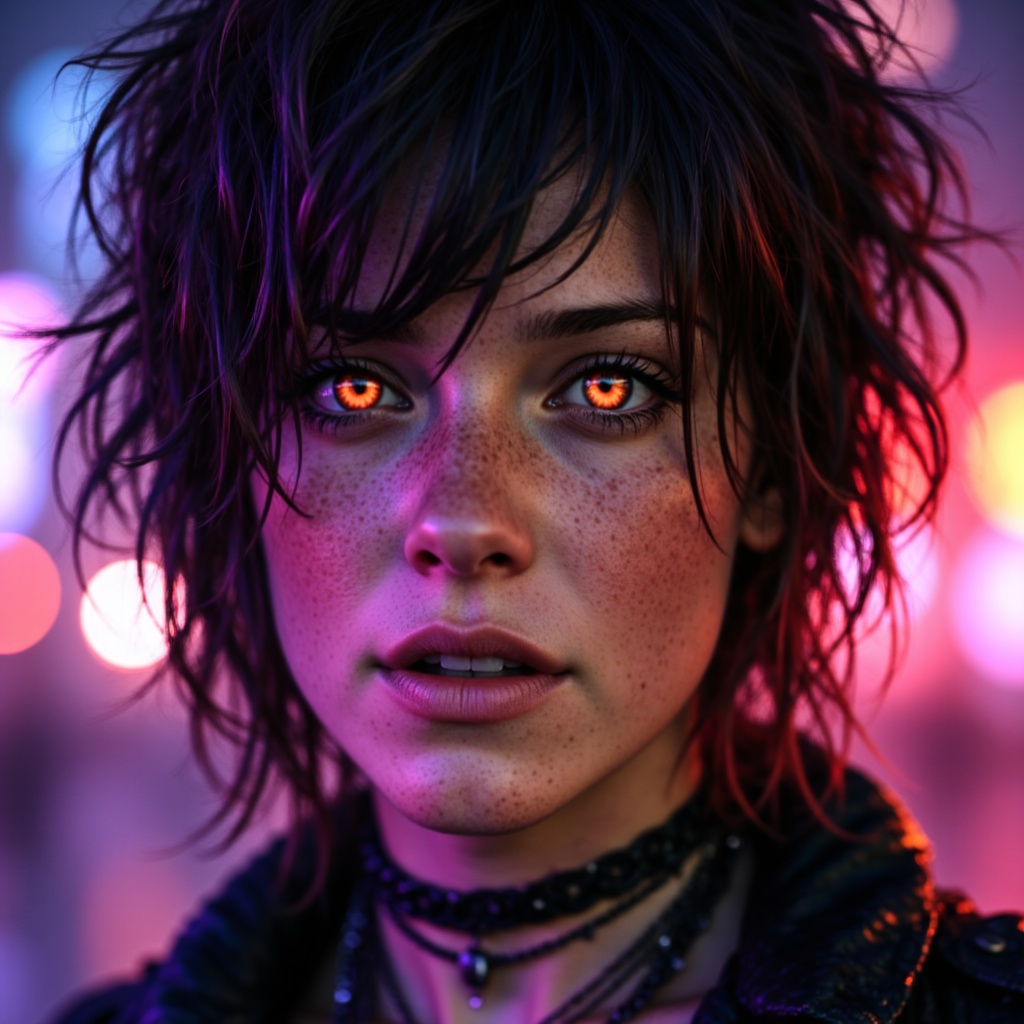 Close-up portrait of a cyberpunk warrior woman with glowing eyes and intricate tattoos in a neon cityscape.