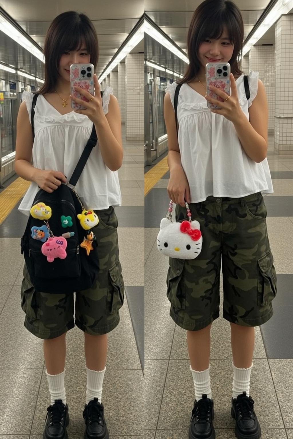 Subway Selfie Camo Shorts Outfit