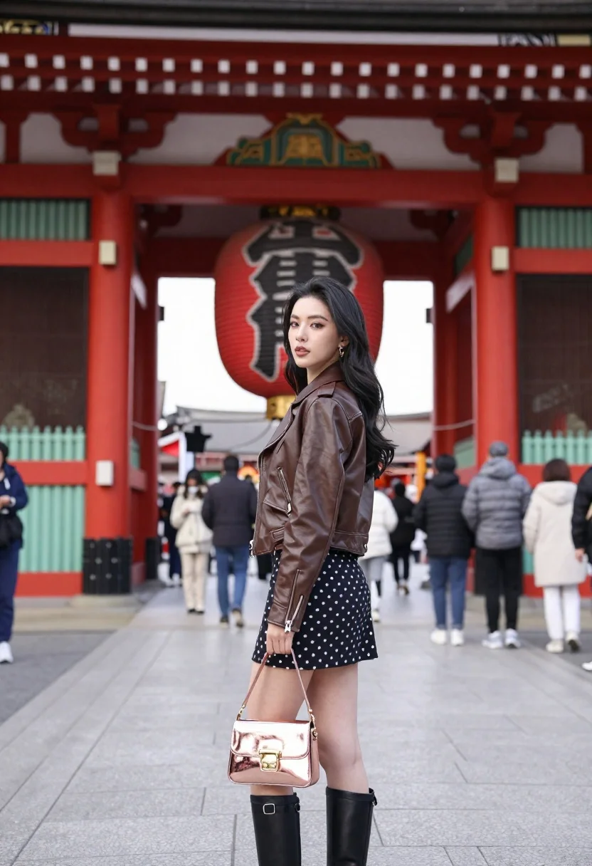Young Woman Stands The Foreground Traditional Japanese Temple Gate Looking