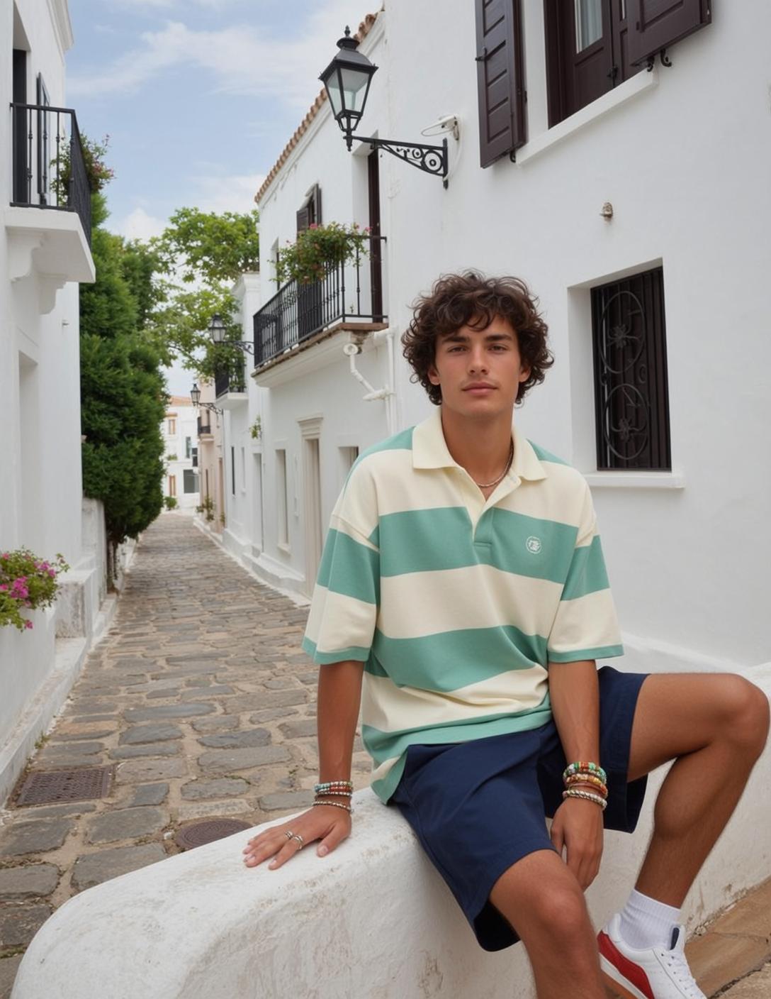 Young Dark Curly Light Striped Polo Shirt