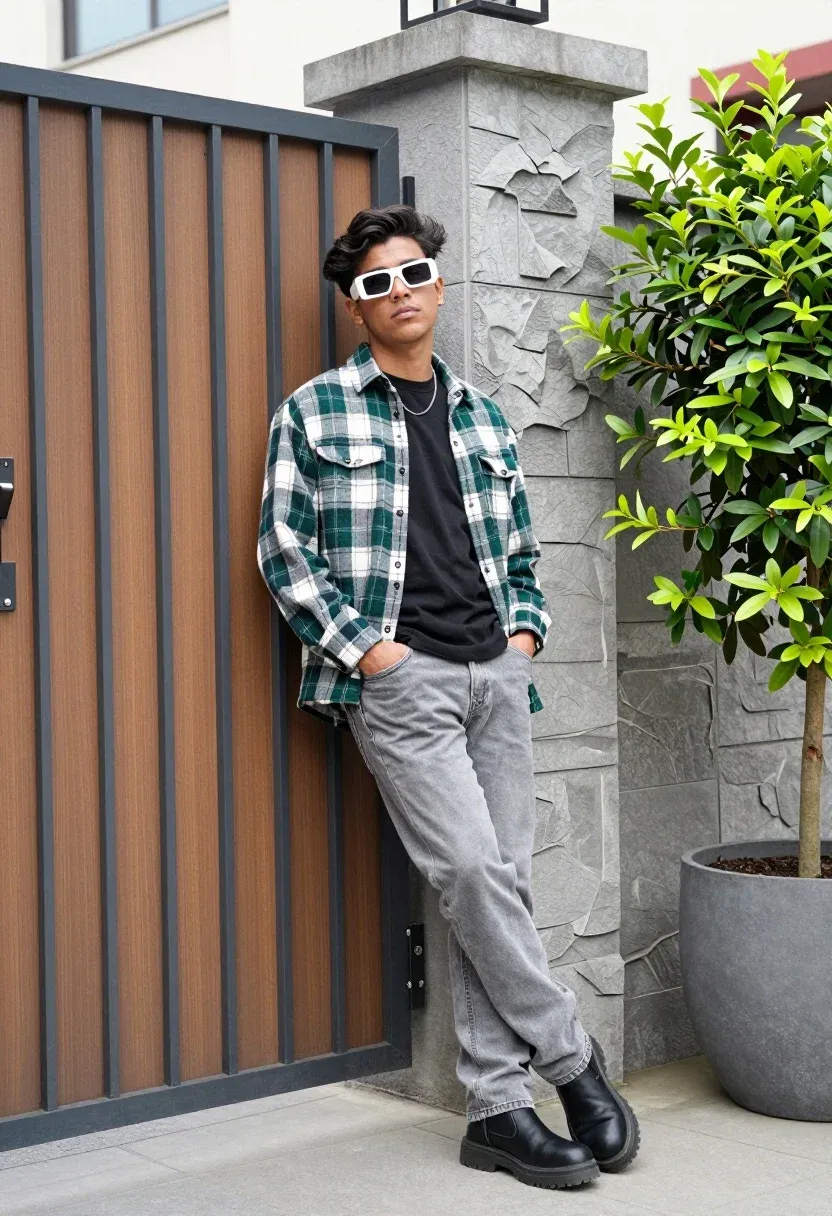 Young Man Leans Casually Against Metal Gate With Wooden Panels