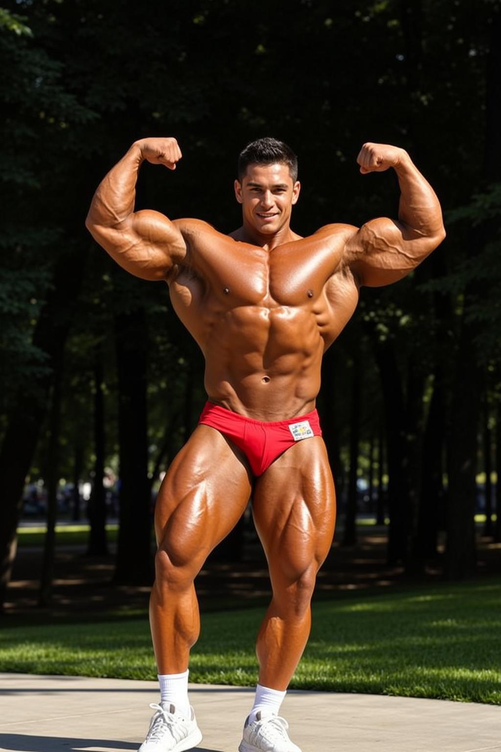Bodybuilder Short Dark Brown Tanned Red Bodybuilding