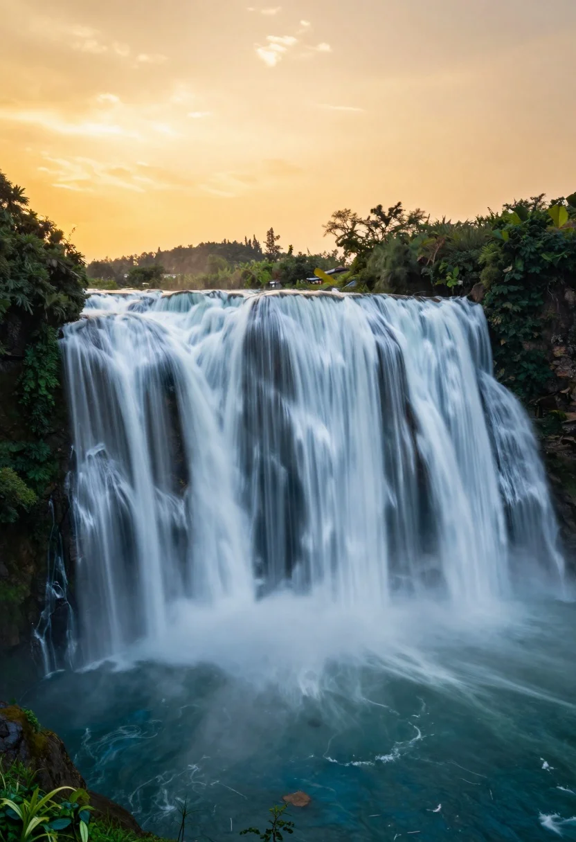 Majestic Wide Waterfall Cascading Over Rocky Cliff Into Deep Blue
