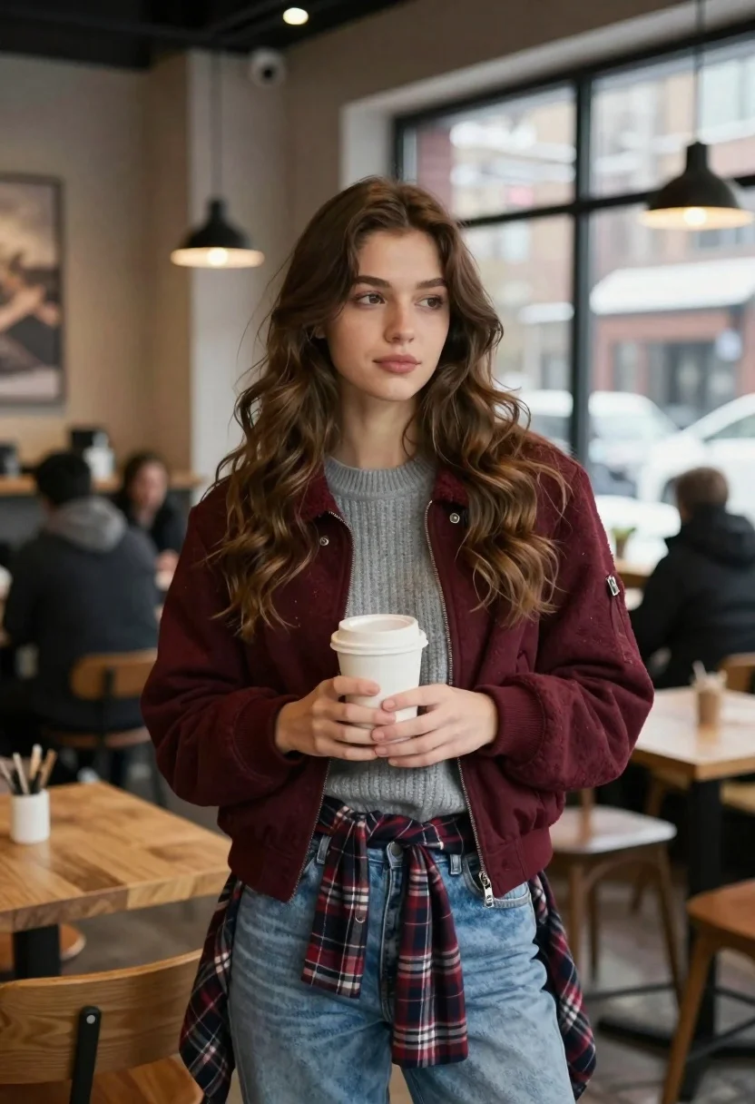 Young Woman With Long Wavy Brown Hair Stands Cozy Cafe