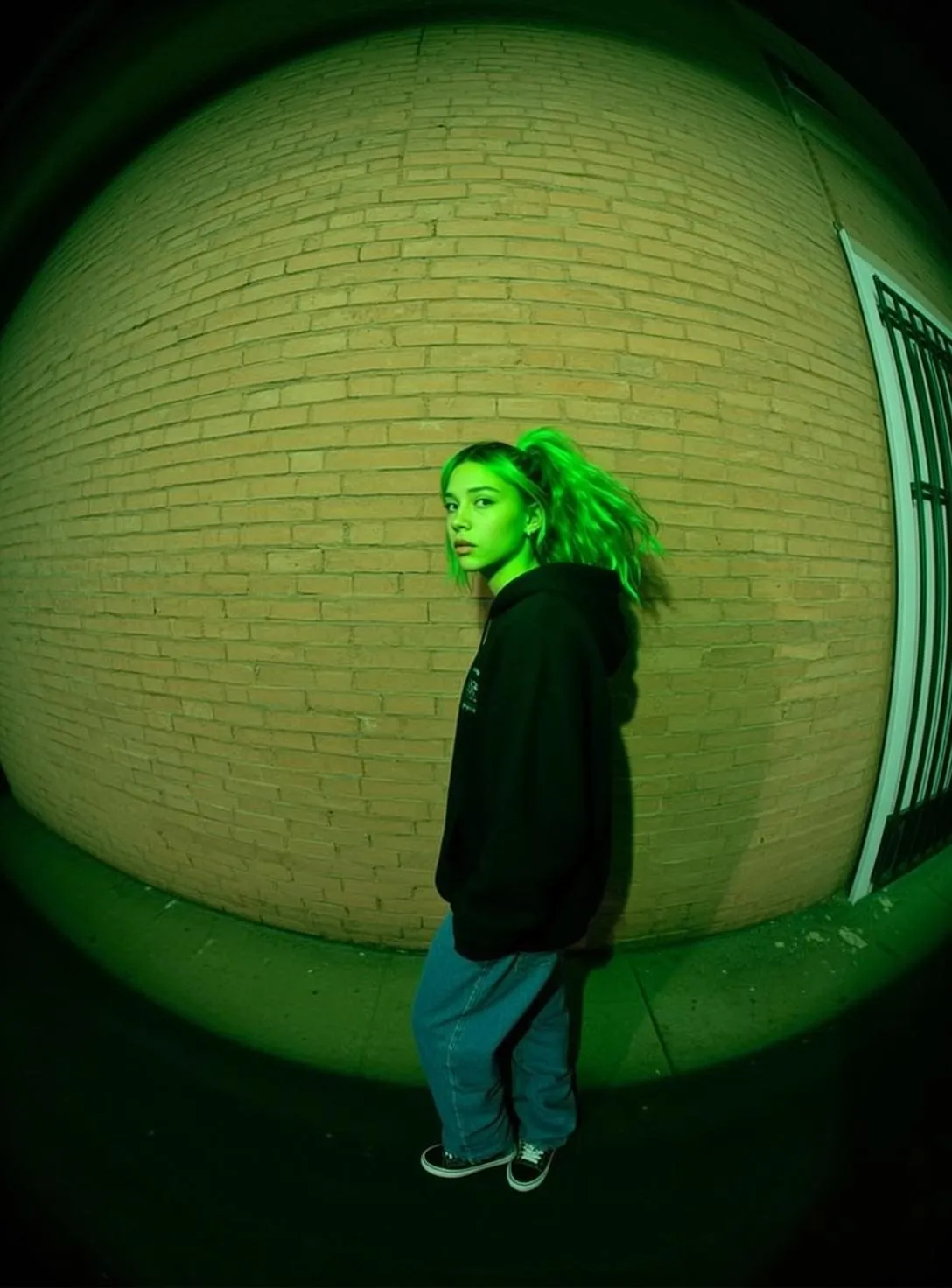 Green Ponytail Alley Streetwear Pose