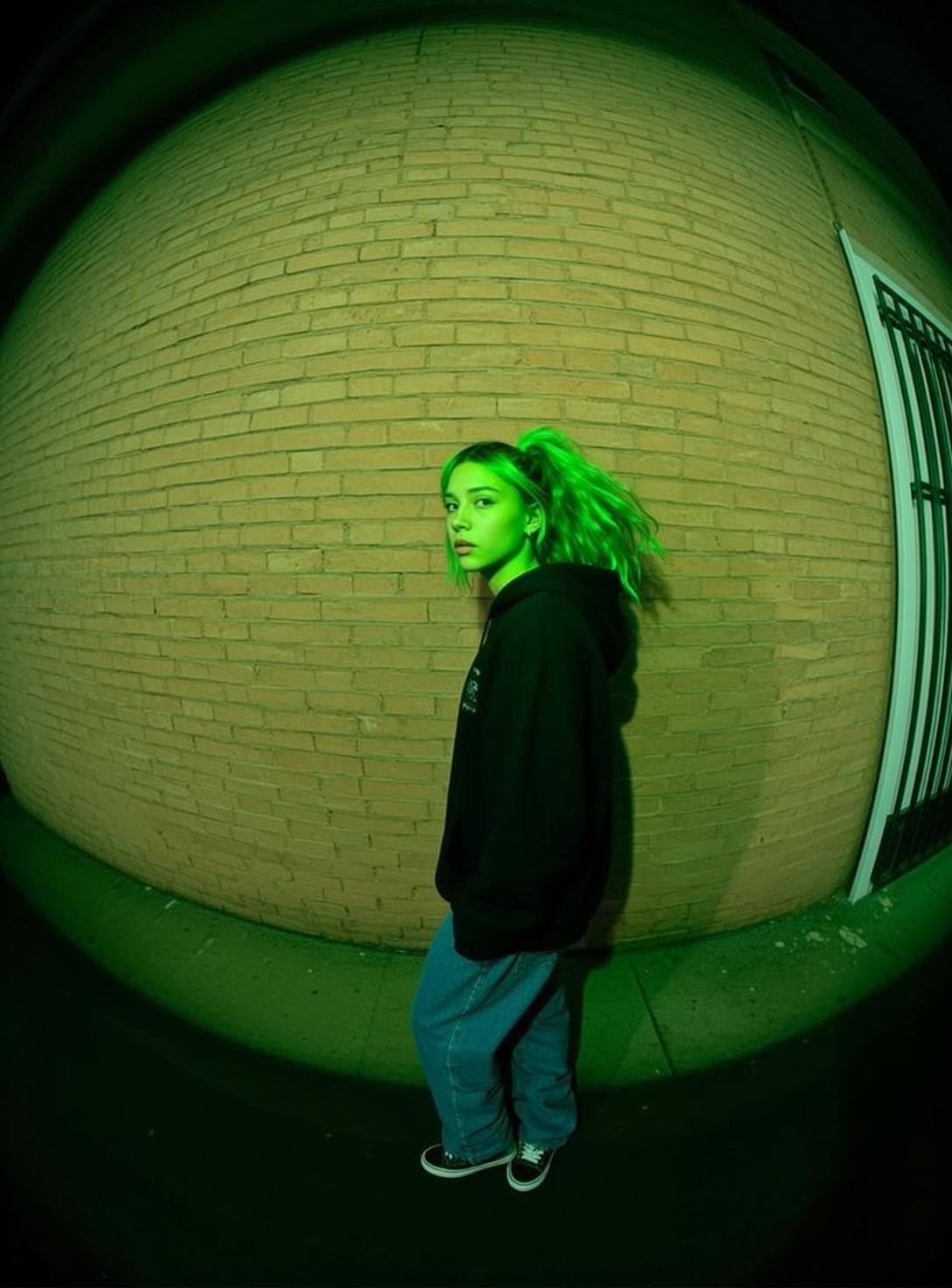 Green Ponytail Alley Streetwear Pose