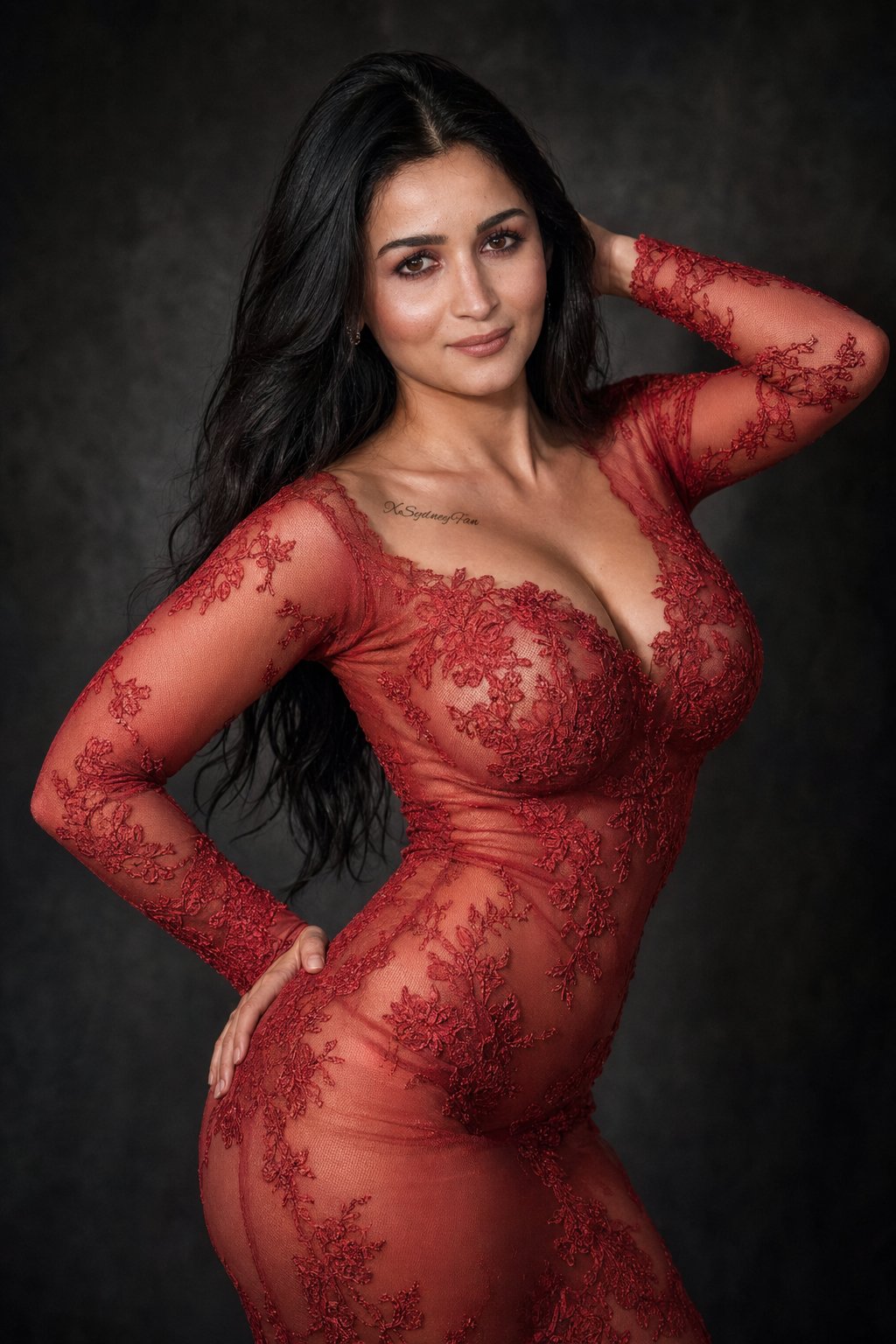 Red Lace Dress Studio Portrait Soft Lighting