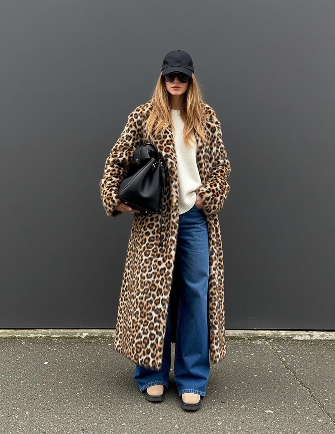 Leopard Coat Woman Tan Clogs Neutral Gaze