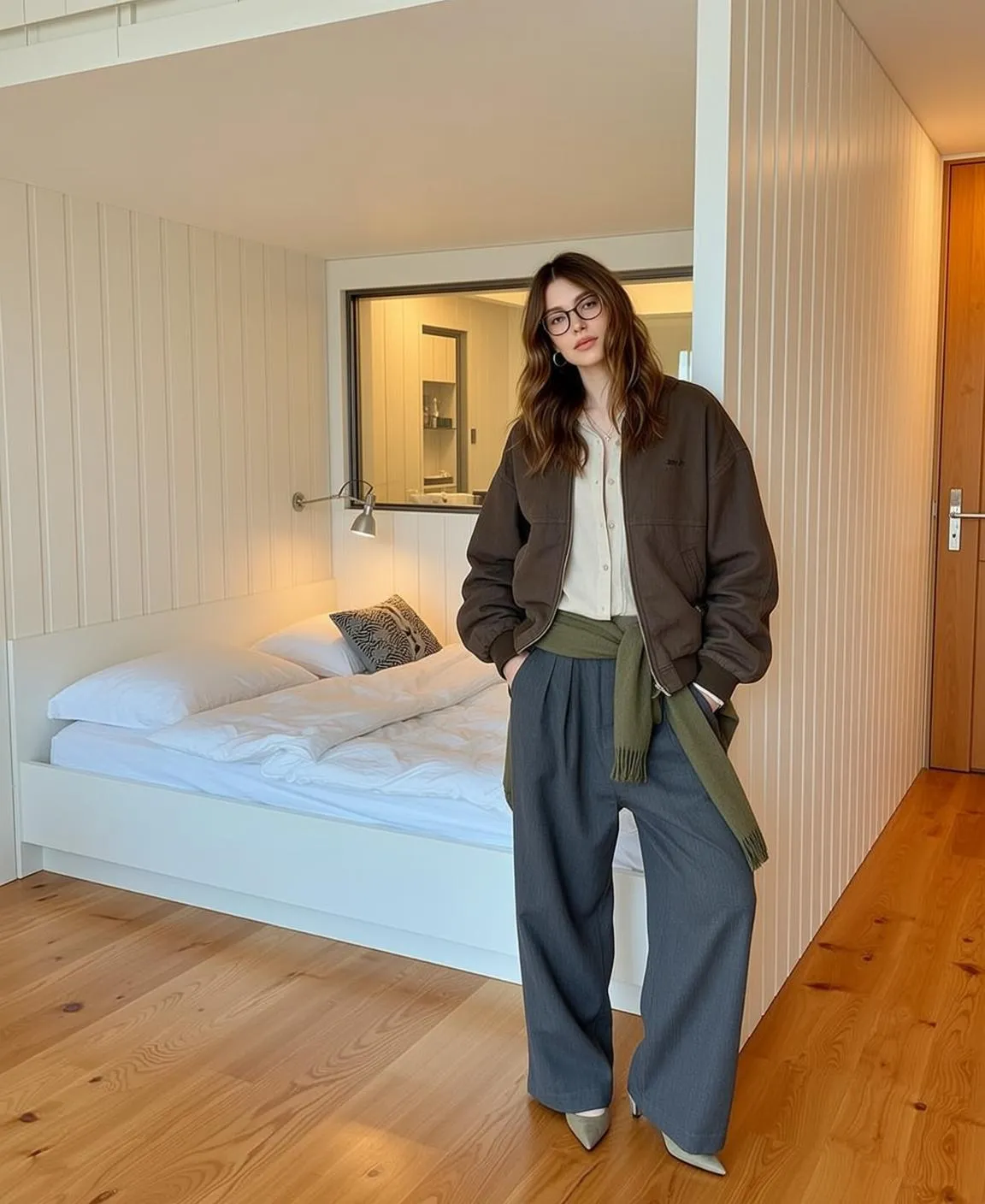 Glasses And Beige Shirt Wide Leg Trousers Portrait