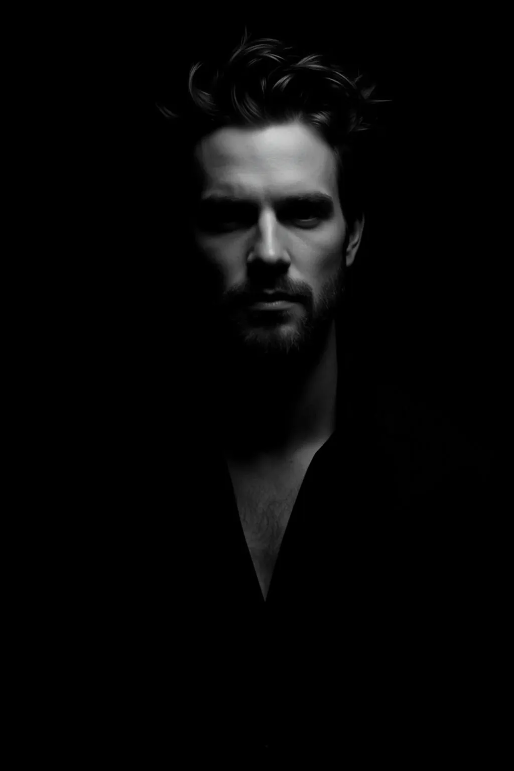 Portrait Man With Dark Tousled Hair And Beard Looking Directly