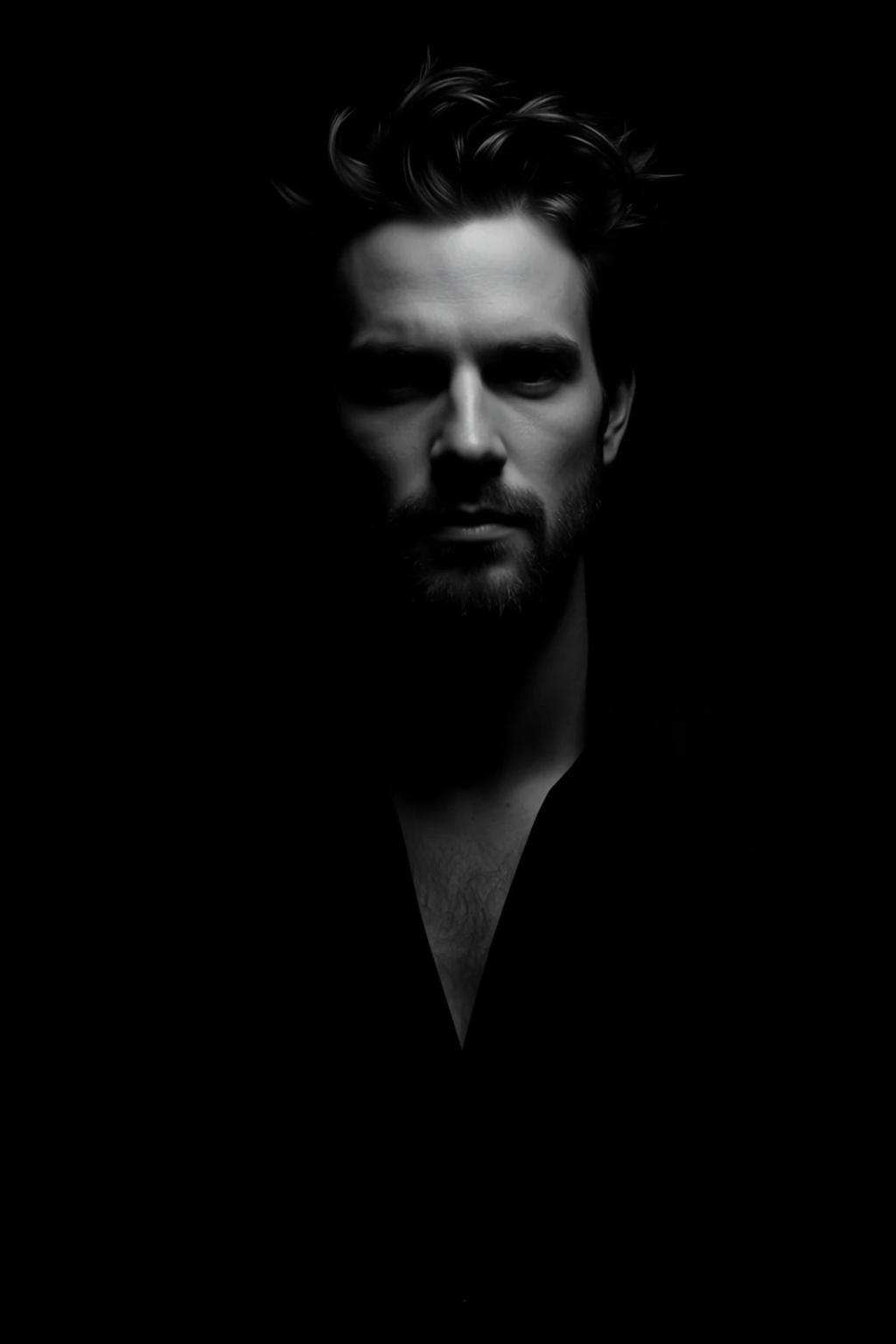 Portrait Man With Dark Tousled Hair And Beard Looking Directly