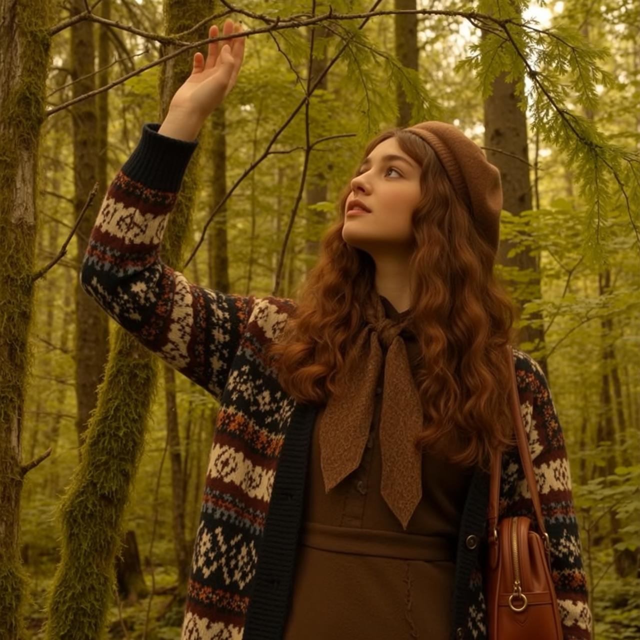 Autumn Stands Forest Her Right Arm Raised