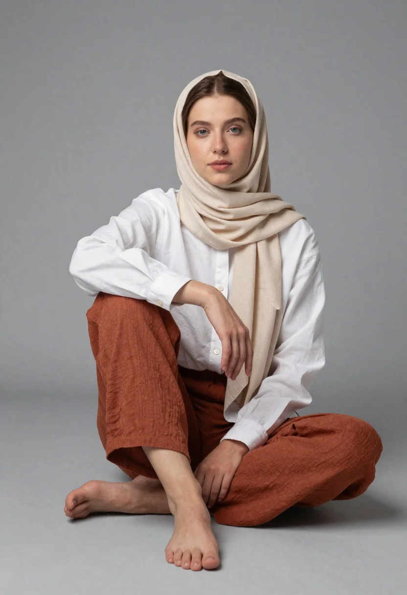 Young Woman Sits Cross-legged Plain Floor Against Neutral Gray Background