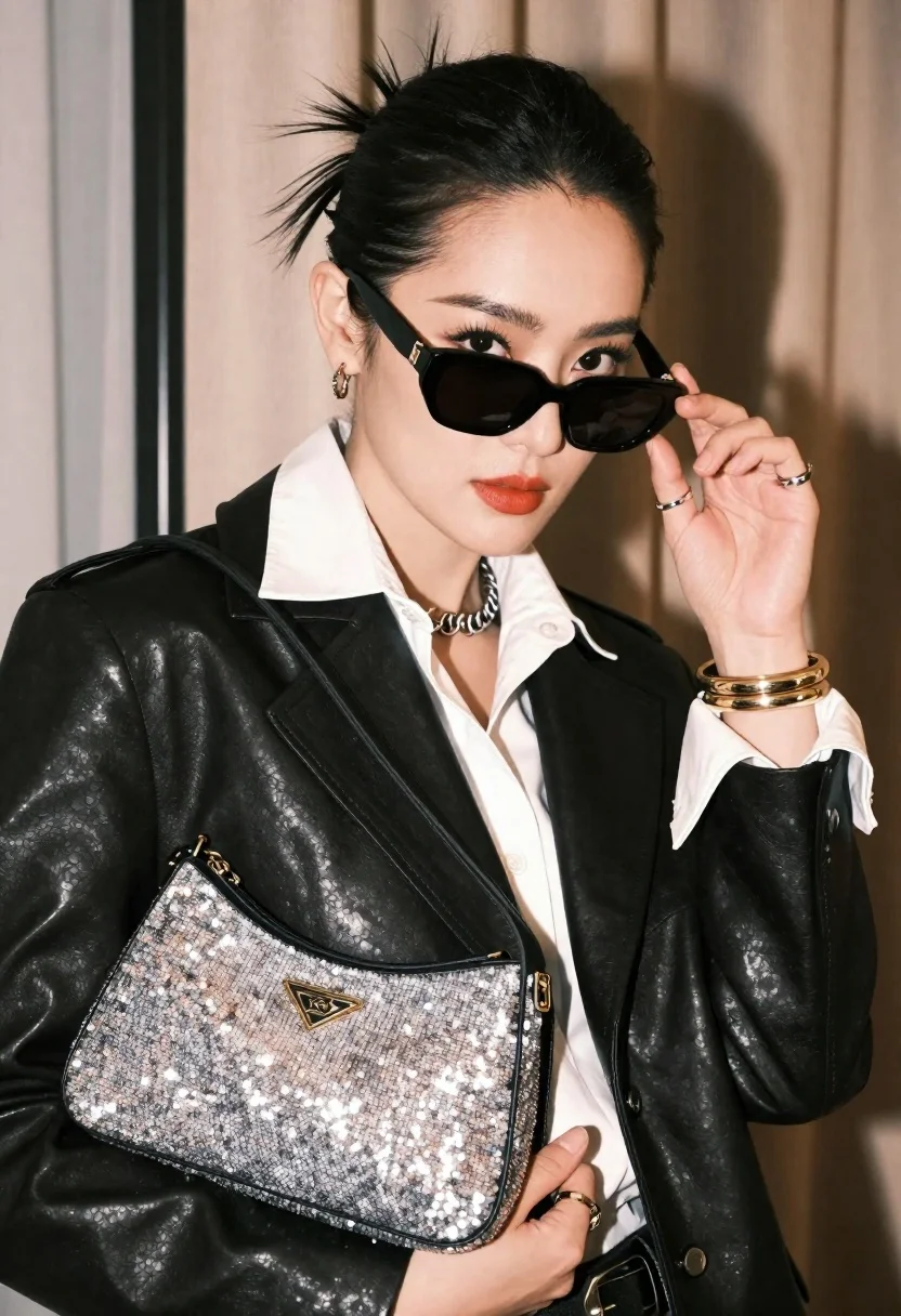Stylish Woman Poses Indoors Holding Sparkly Handbag While Adjusting Her reference photo