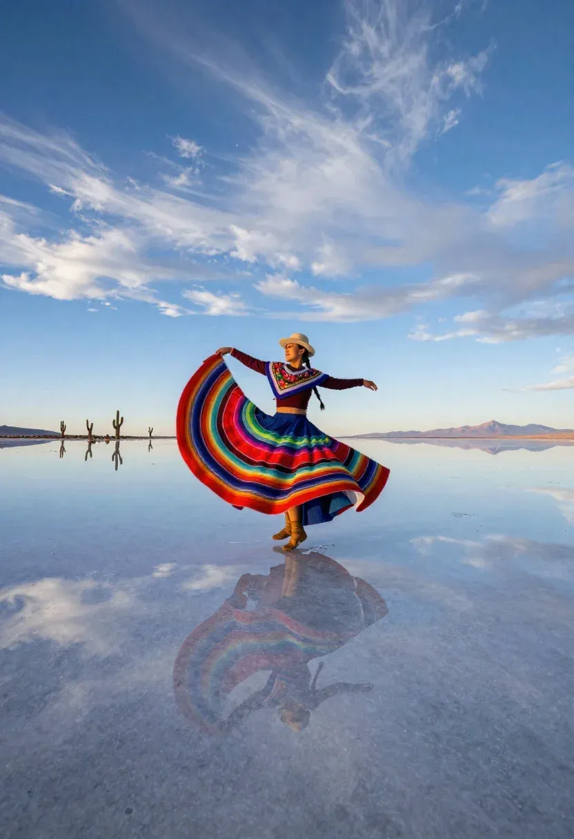 Endless Salt Flat Infinity Scene Nomadic Woman Dancer Twirling Bolivia