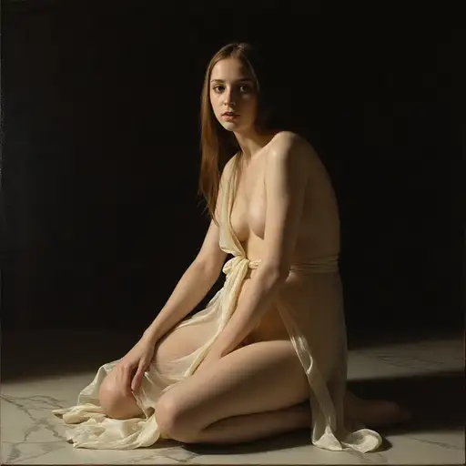 A woman in a diaphanous ivory robe slipping off her shoulder, enhanced by dramatic chiaroscuro and candlelight.