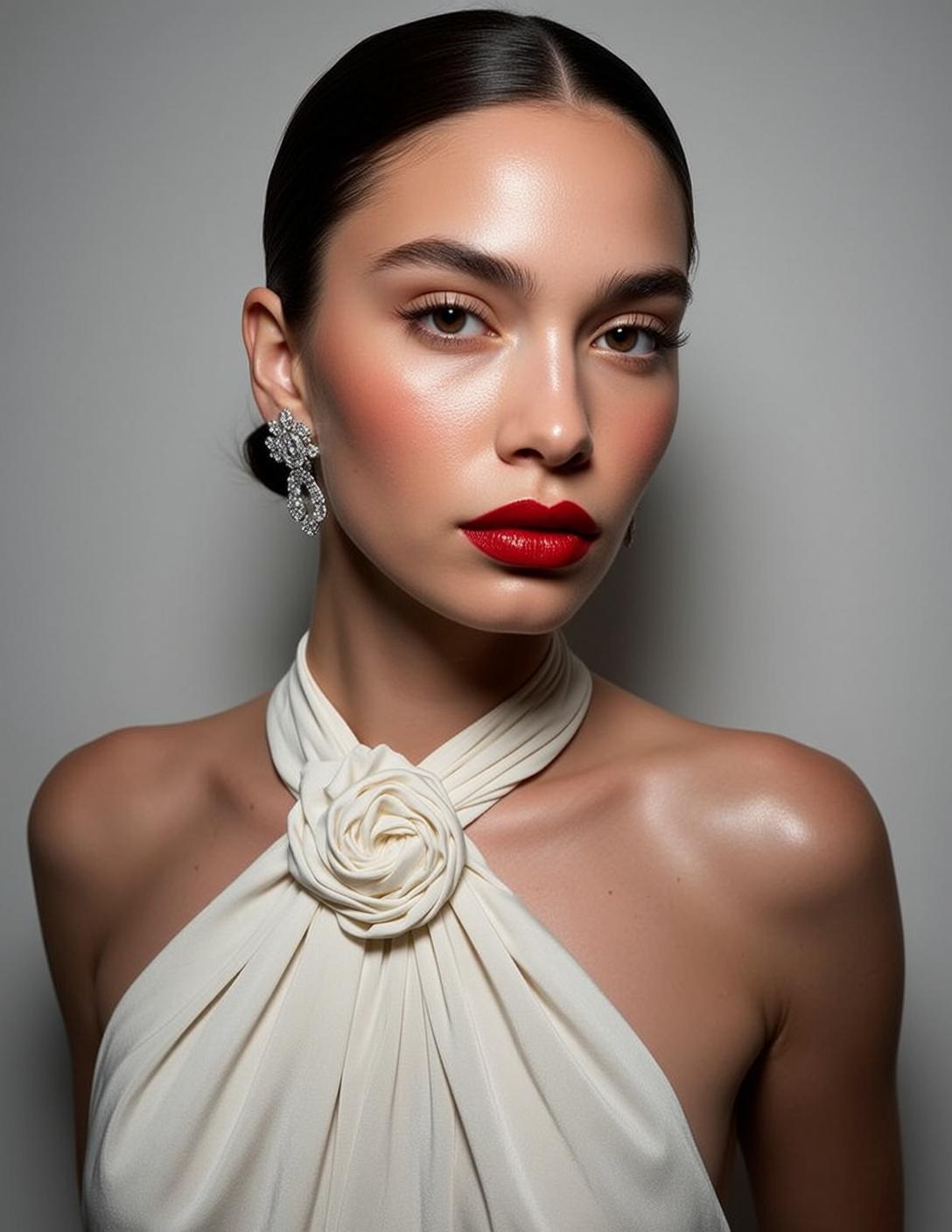 Glamour Woman White Rose Dress Diamond Earrings