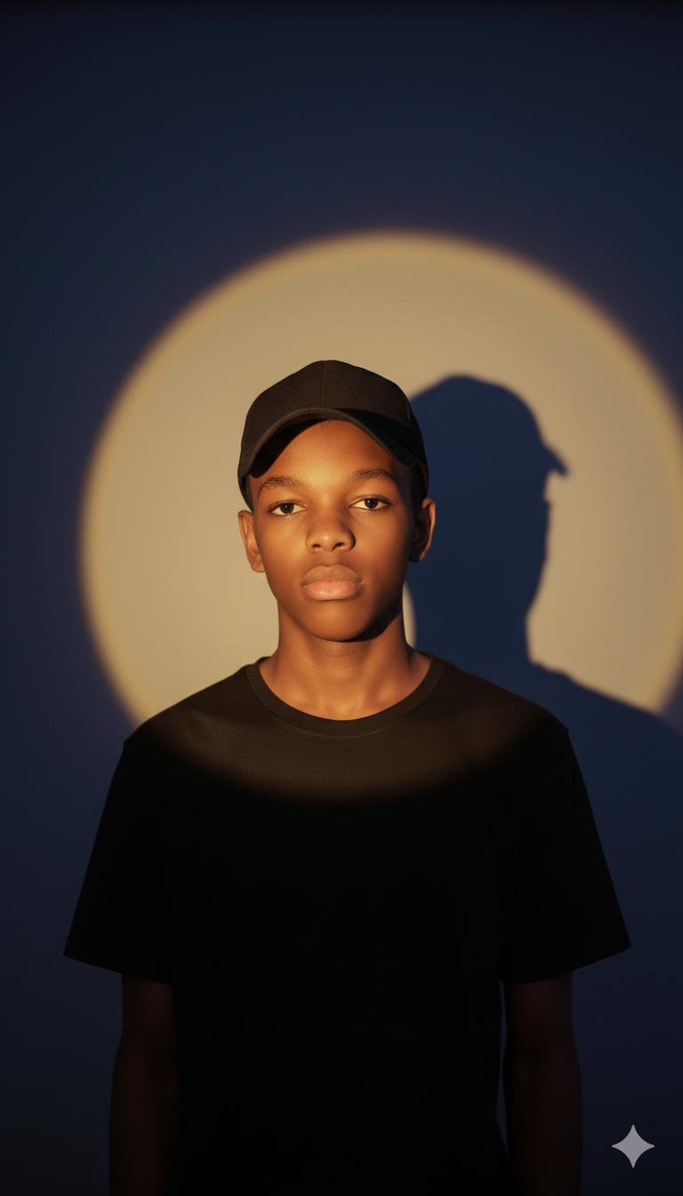 young black boy with serious expression in black t-shirt and cap, halo effect lighting