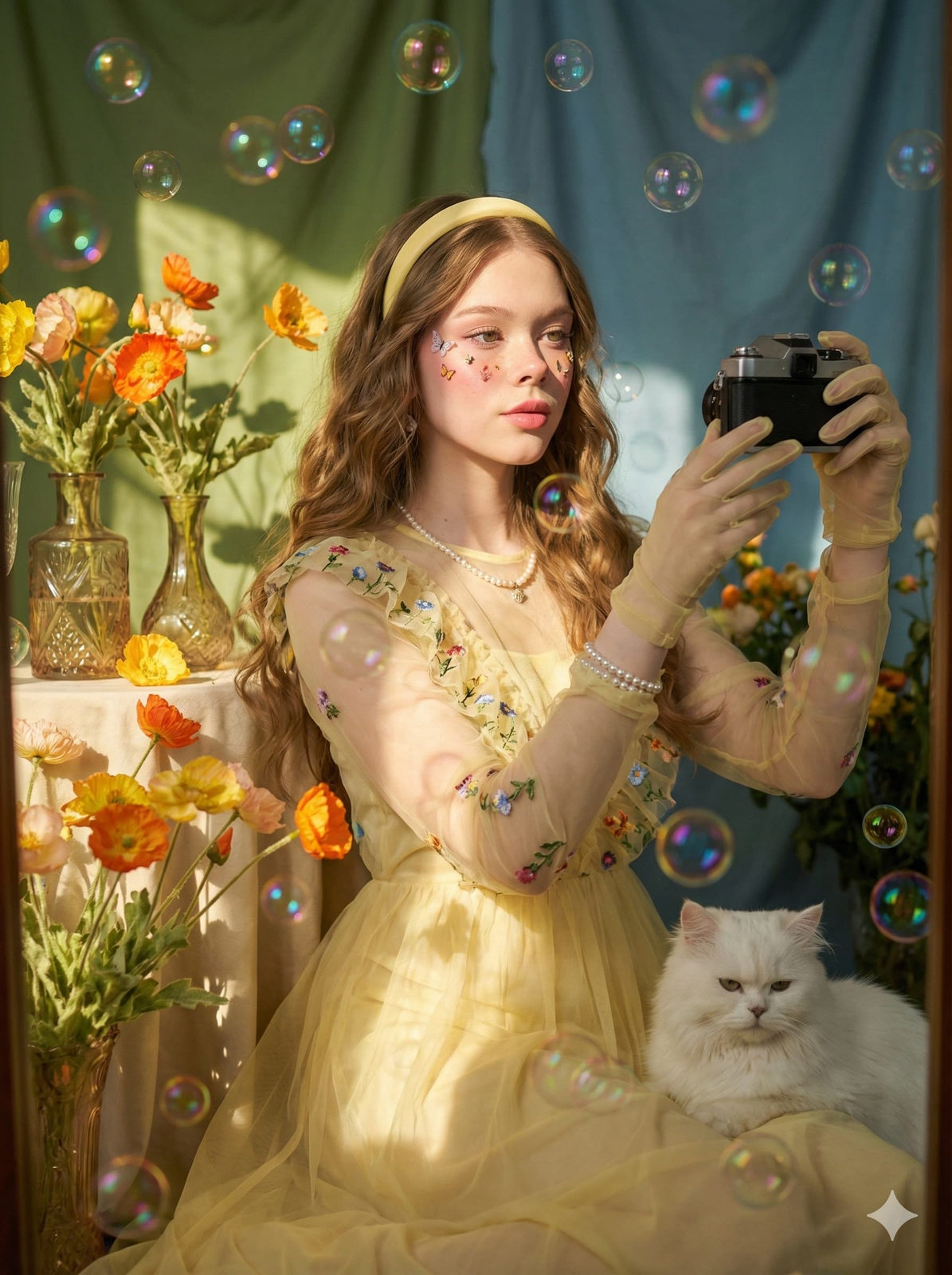 A full-body portrait of a woman in a pastel-yellow sheer dress surrounded by colorful flowers and sunlight.
