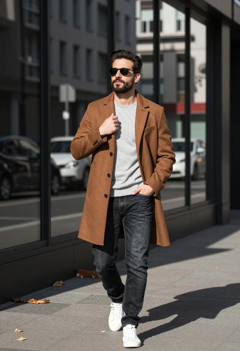Stylish Man Stands Confidently Urban Outdoor Setting Wearing Brown Coat