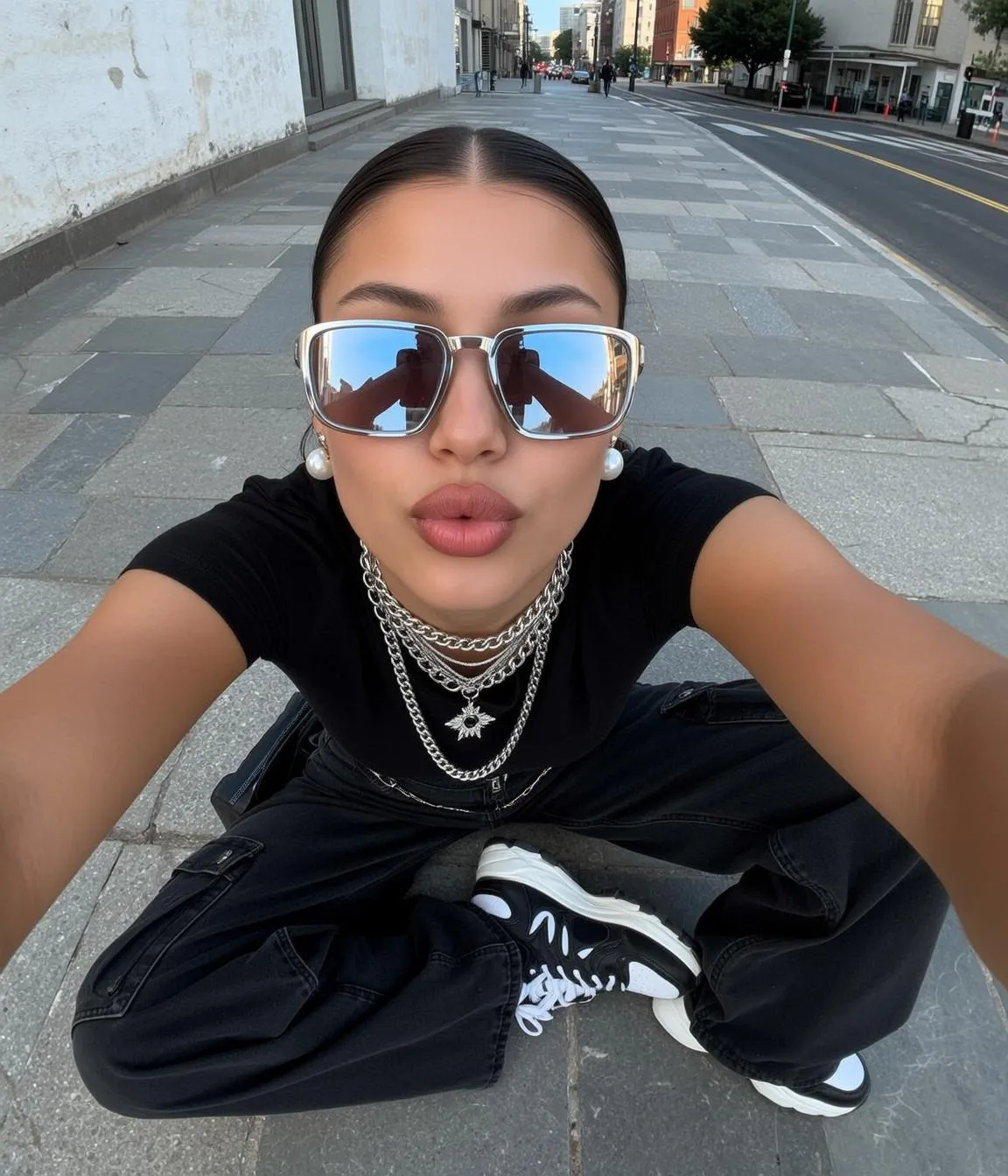 Explore Captured Selfie-style Sitting Paved Sidewalk Her