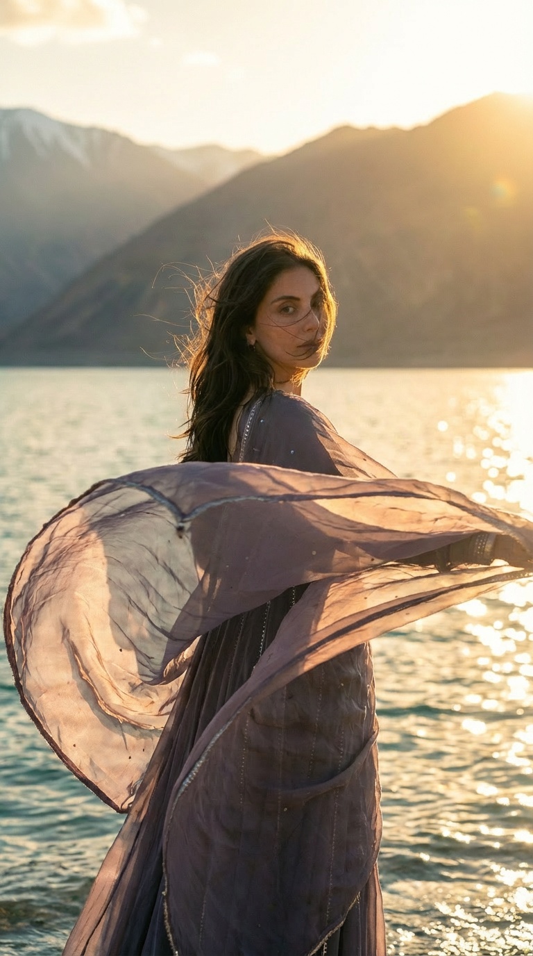Maya Sikand in a flowing georgette dress, turning with fabric billowing in the wind against a backdrop of shimmering water and sunlight reflections.