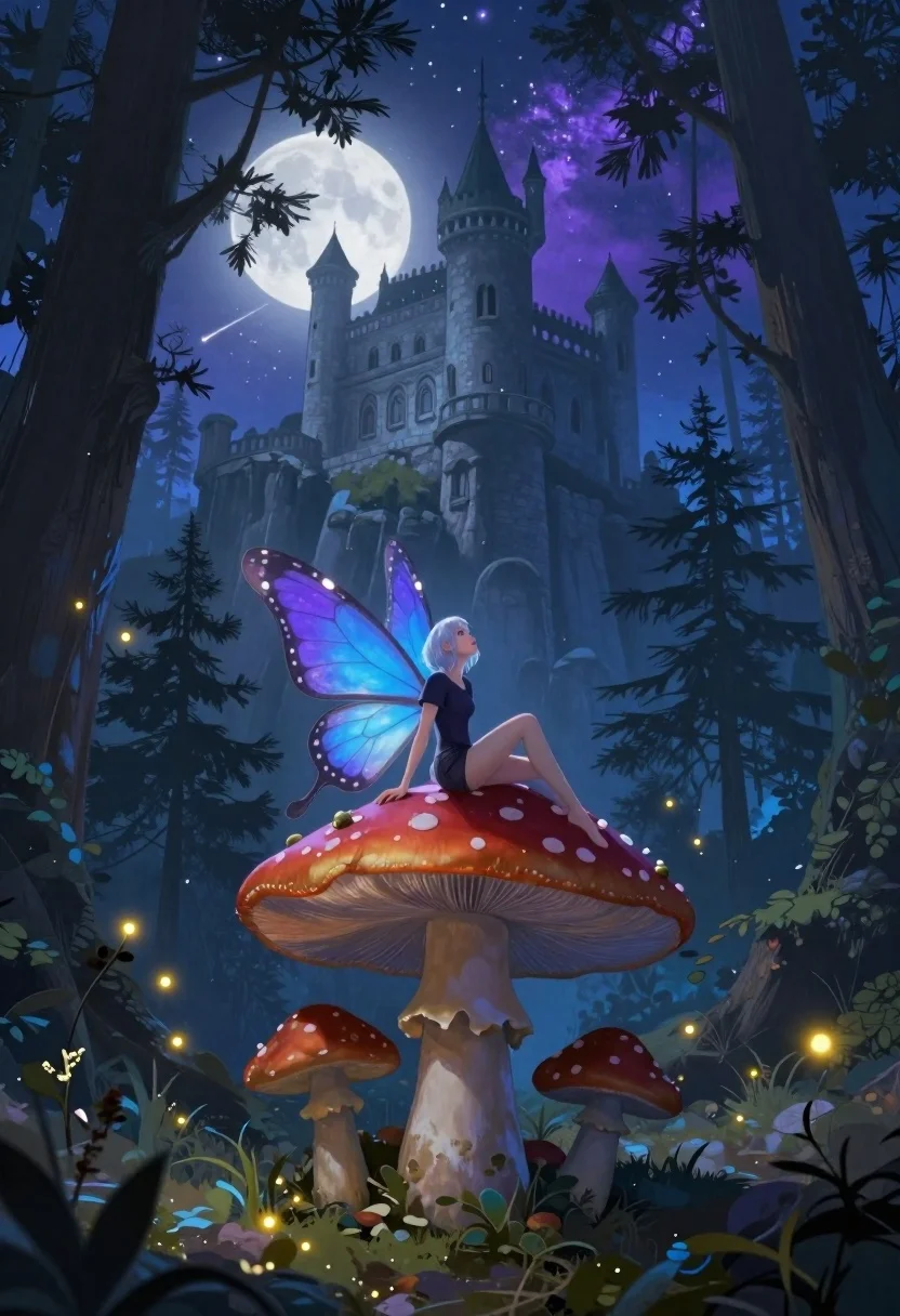 Fantasy Digital Painting Fairy With Translucent Butterfly Wings Perched Giant reference photo