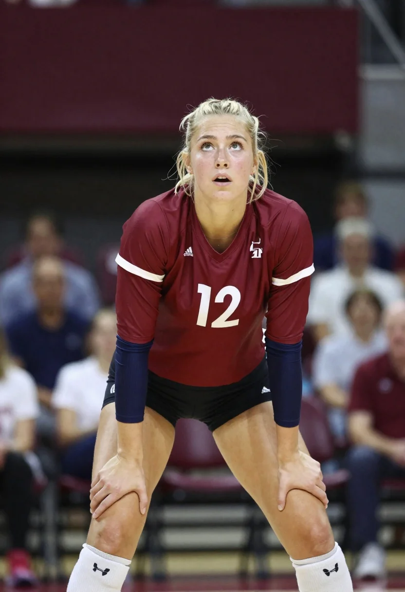 Focused Female Volleyball Player Ready Athletic Stance Hands Gripping Her reference photo