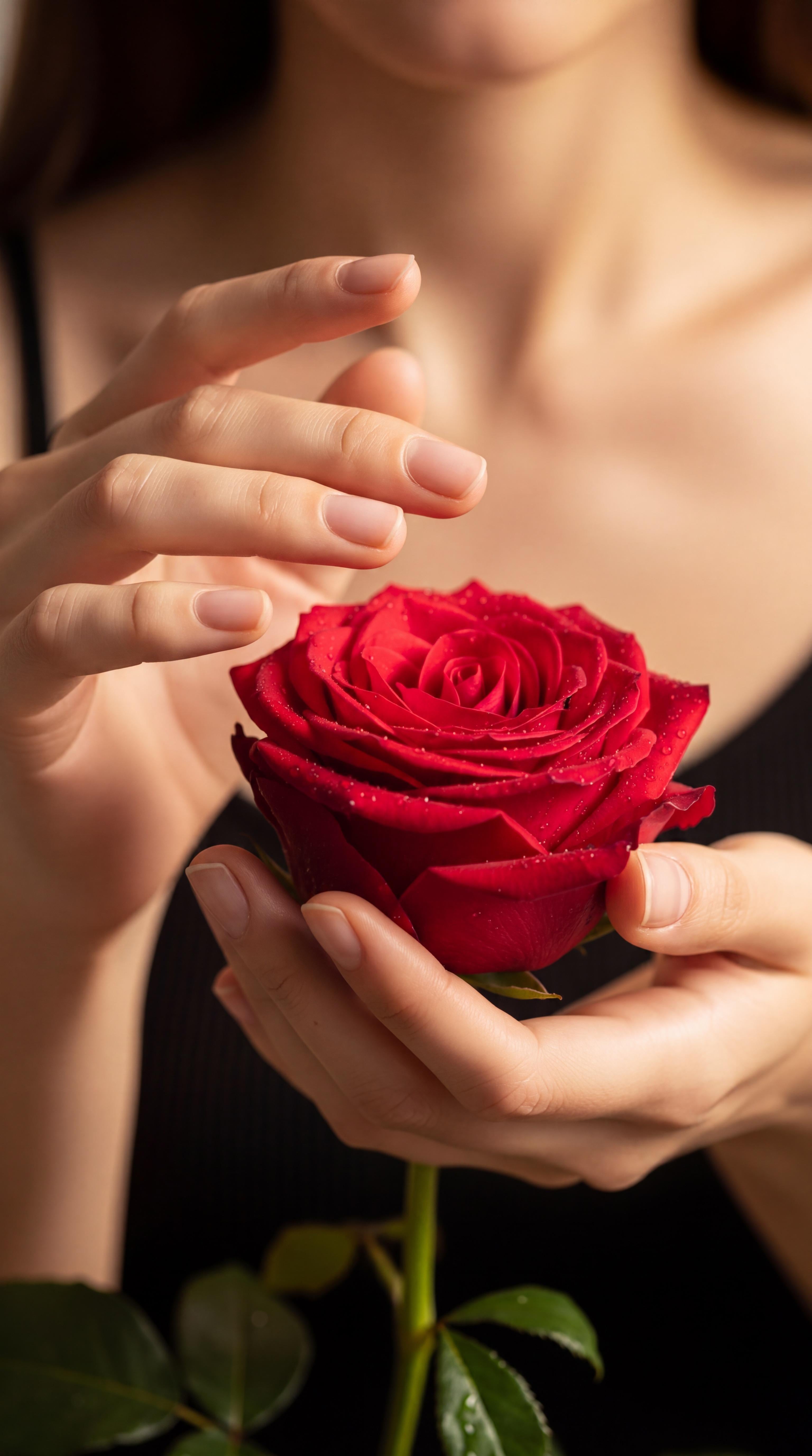 Deep Red Rose With Water Droplets Held By Hands