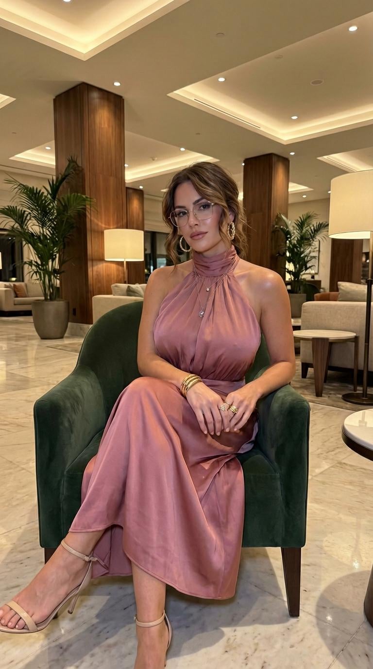 Green Velvet Armchair Hotel Lobby Dusty Rose Dress