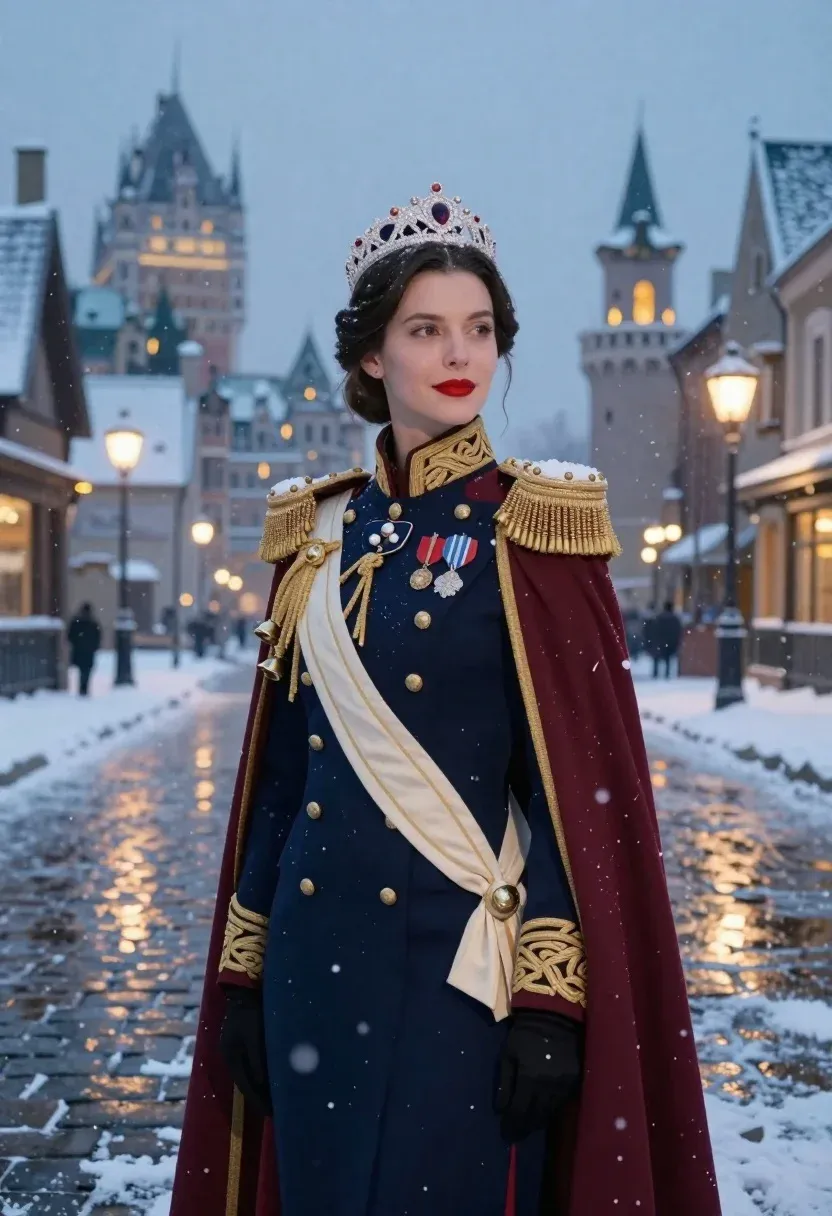 Digital Painting Woman Ornate Military-style Uniform Standing Outdoors During Snowfall