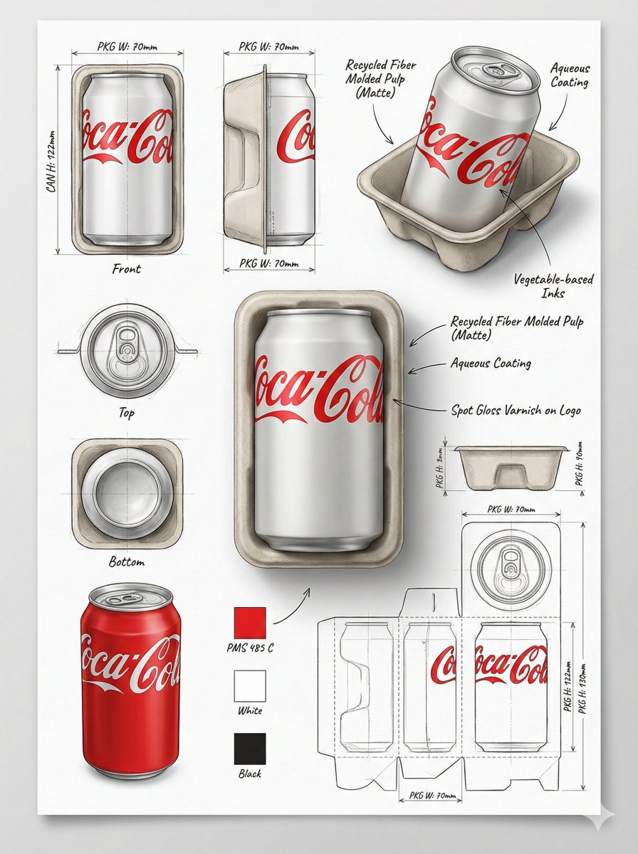 A professional 3D render of a packaging design featuring realistic materials and technical views on a clean sketchbook background.