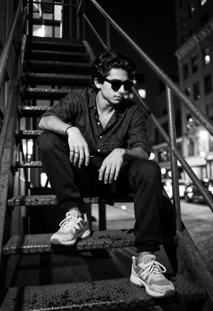 Young Man Sits Casually Outdoor Fire Escape Staircase Night City