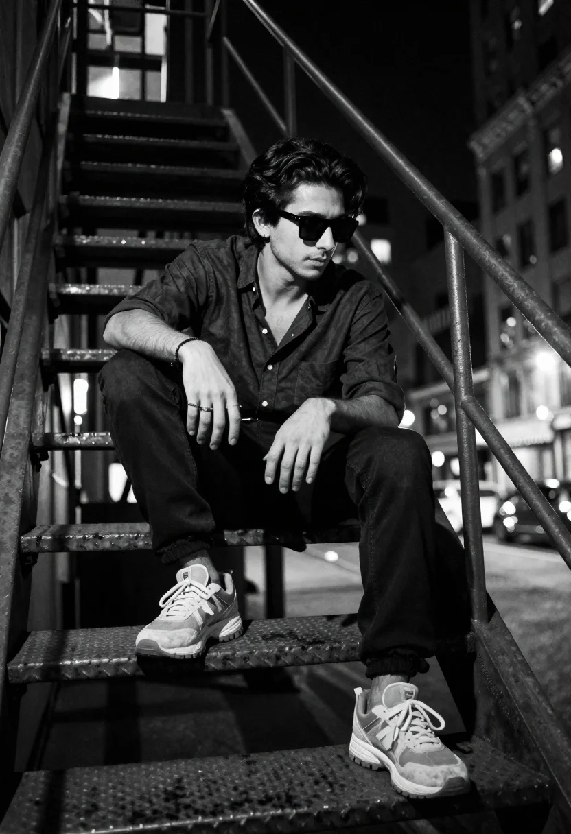 Young Man Sits Casually Outdoor Fire Escape Staircase Night City