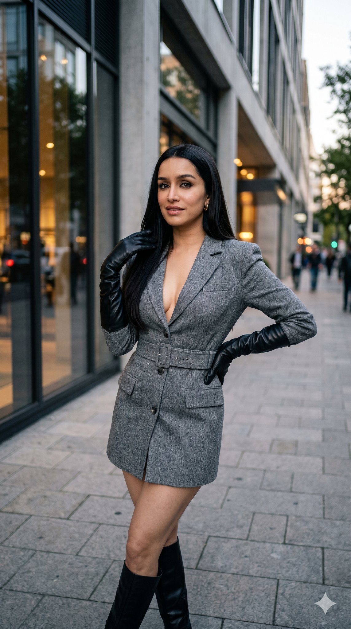 Grey Blazer Dress Opera Gloves City Sidewalk