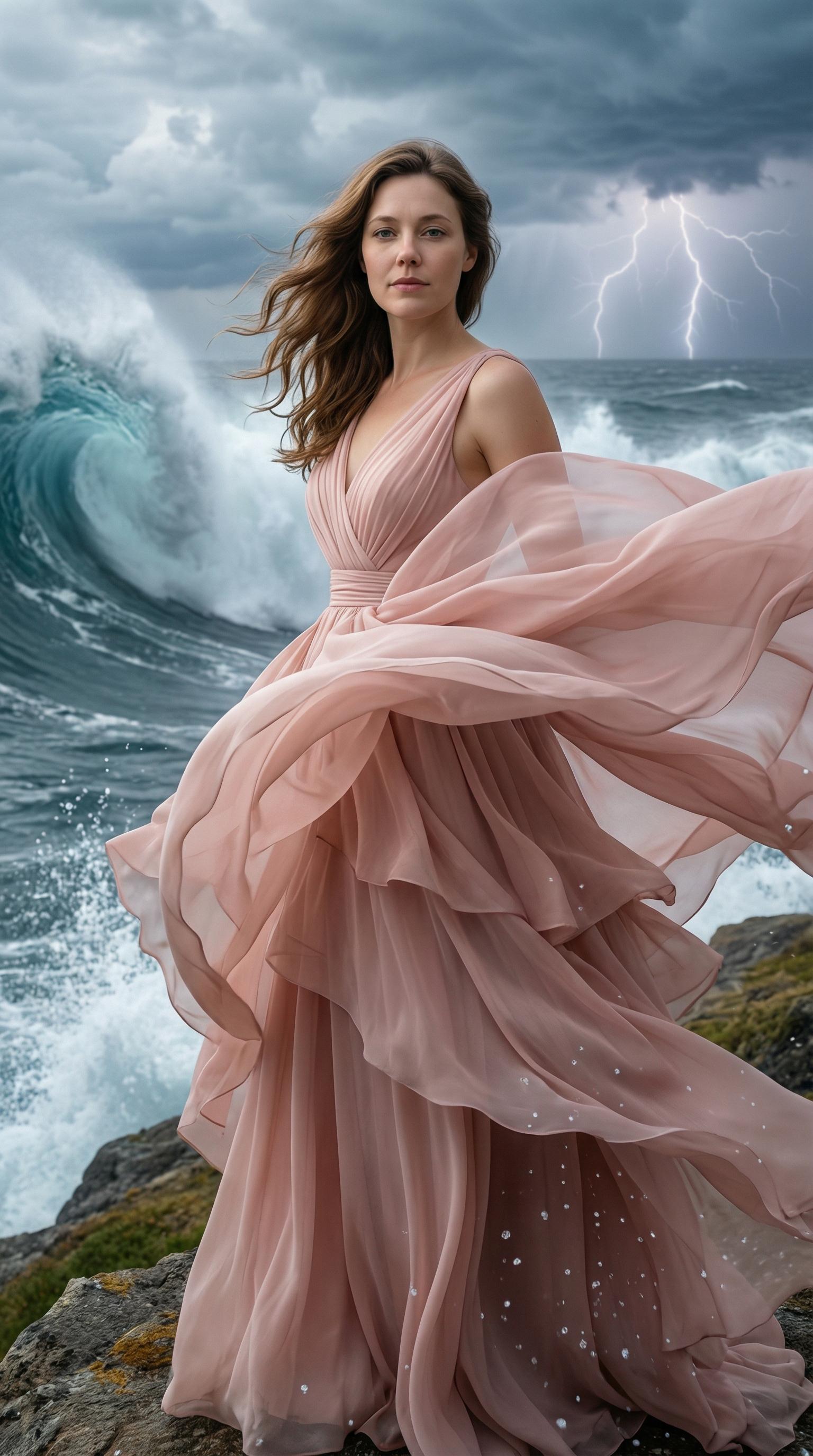 Mountain Cliff Woman Flowing Fabric Water Droplets