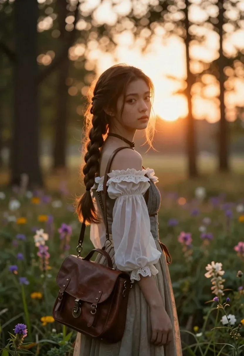 Young Woman With Long Brown Hair Styled Thick Braid Stands