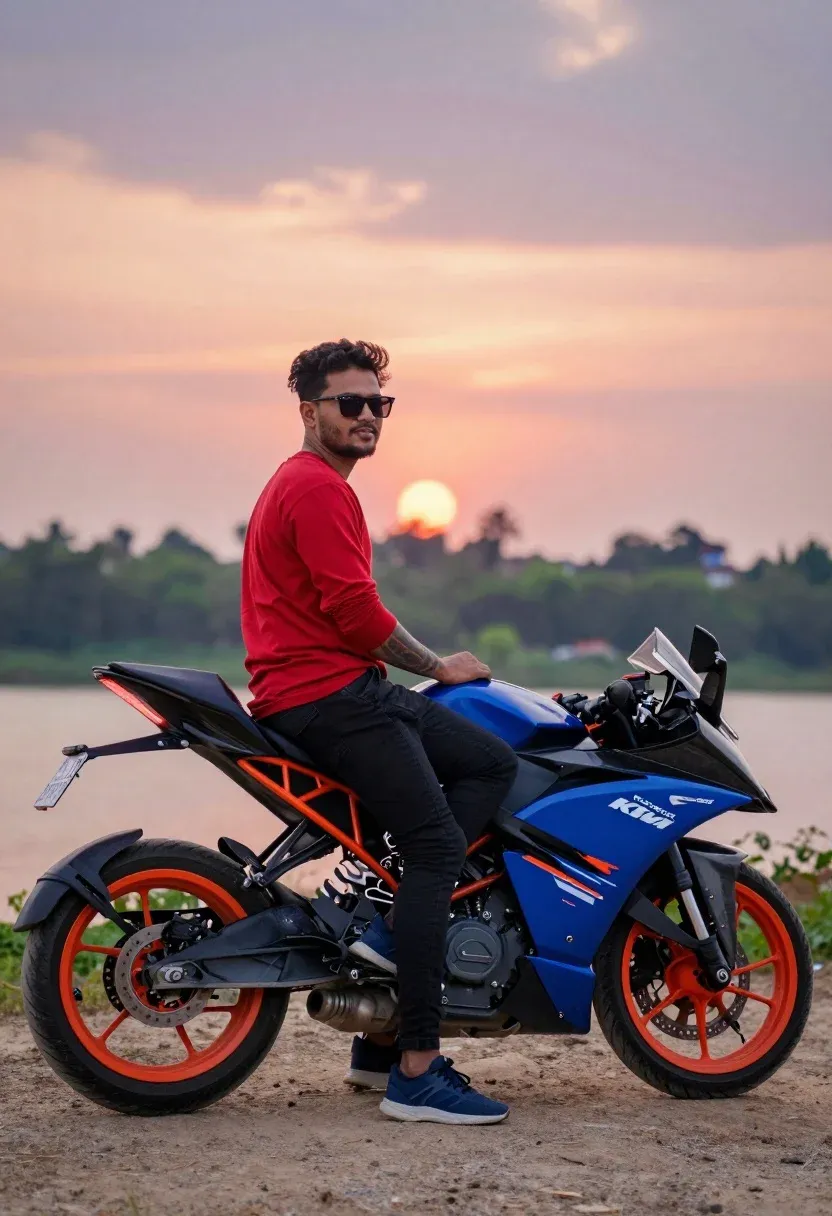 Man Sits Casually Sportbike With Vibrant Sunset Sky The Background