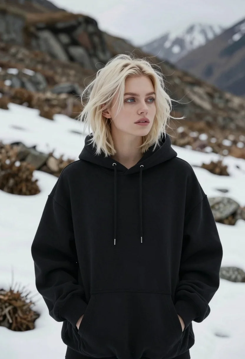 Young Woman With Platinum Blonde Hair Stands Rugged Snowy Mountain