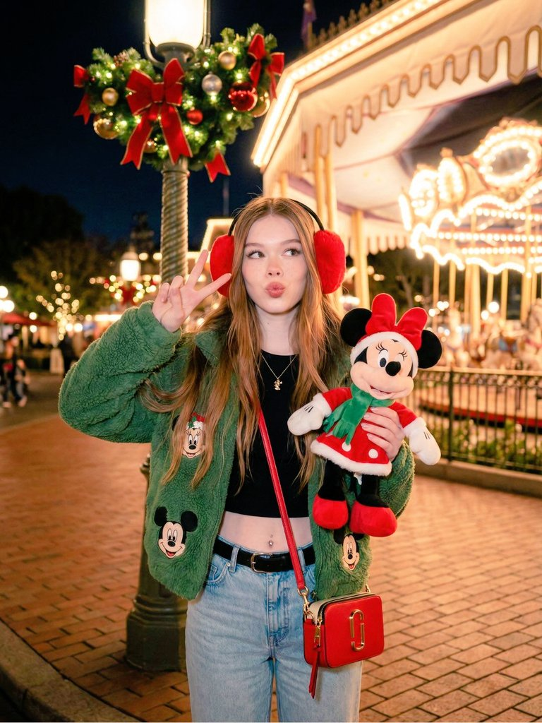 A young woman in festive attire stands at a Disney park, holding a plush Minnie Mouse doll surrounded by twinkling lights.