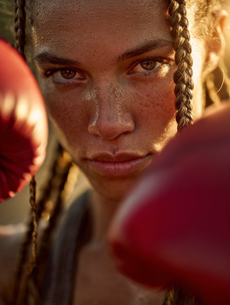 Boxer in golden hour light with damp braided hair, focused expression, and crimson gloves reflecting warm sunlight.